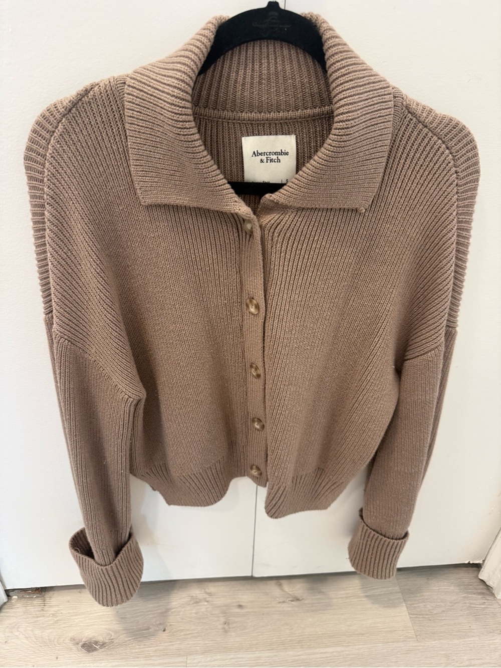Abercrombie & Fitch Women's Taupe Collared Ribbed Button Cardigan